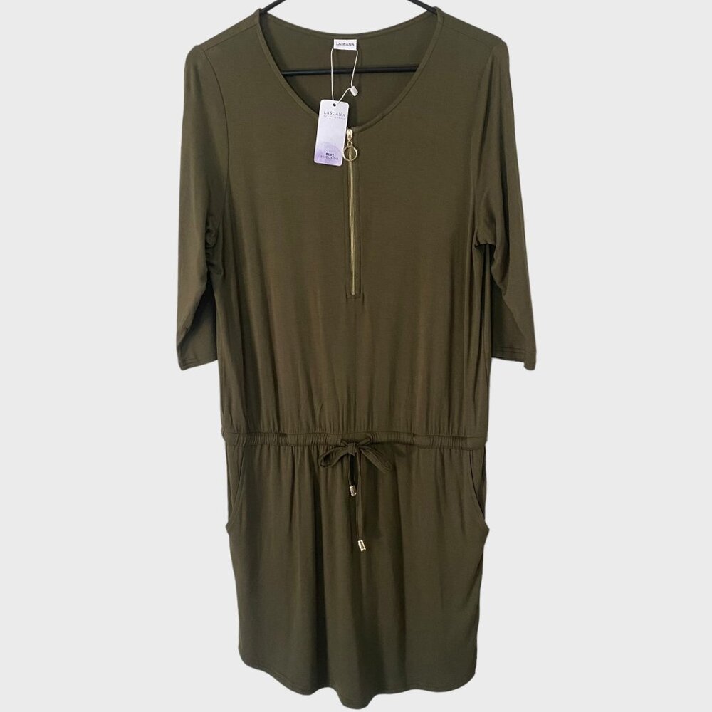 Lascana Zip-Front Mini Dress Green Women's Size 6 Drawstring Waist Casual New